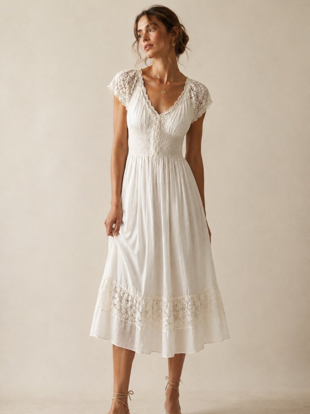 Cottagecore Swiss Dot Lace Midi Dress Cream Boho Prairie Fairy Peasant Smocked